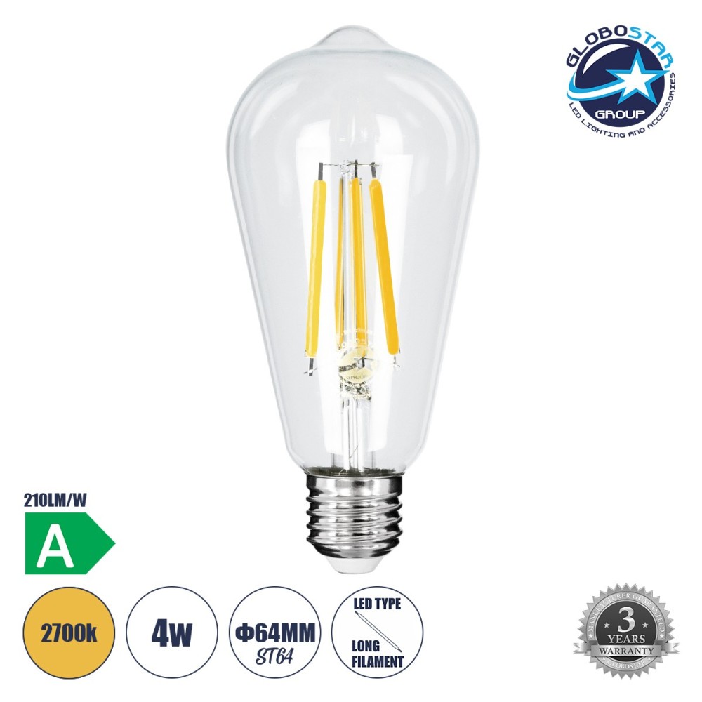 GLOBOSTAR® PEAR 99086 Λάμπα E27 ST64 LED 4W 840lm 360° AC 220-240V IP20 Θερμό Λευκό 2700K - Long Filament Chip - Διάφανο - Μ6.4 x Π6.4 x Υ14.5cm - 3 Χρόνια Εγγύηση